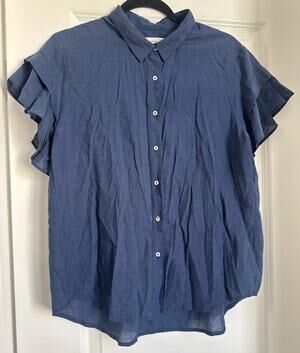 Chan Luu Blue Stripped Short Sleeve Button Down Ruffle Sleeve Size Small
